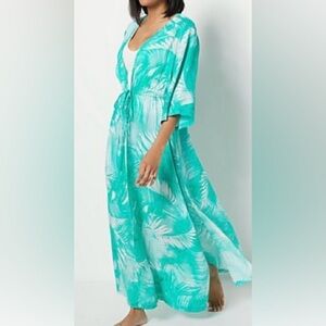 Jantzen 3/4 Sleeve Woven Maxi Duster Cover Up Teal Palm Size M NWT